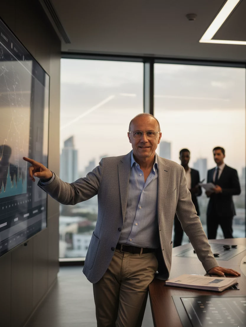 Didier Tixador, formateur IA & immobilier, debout en costume en train de présenter des chiffres pour aider les professionnels à structurer leurs décisions